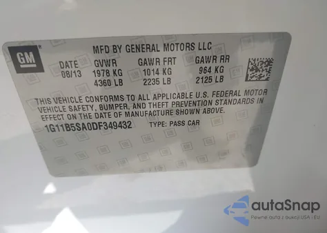 2013 Chevrolet Malibu 1Ls из США, поврежденный, VIN 1G11B5SA0DF349432